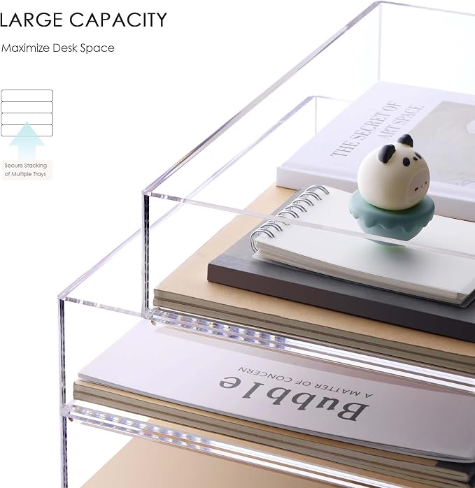 SANRUI Stackable 4-Tier Acrylic Desk Organizer, Clear Paper Letter Tray, Space-Saving Document File Holder for Home Office Workspace