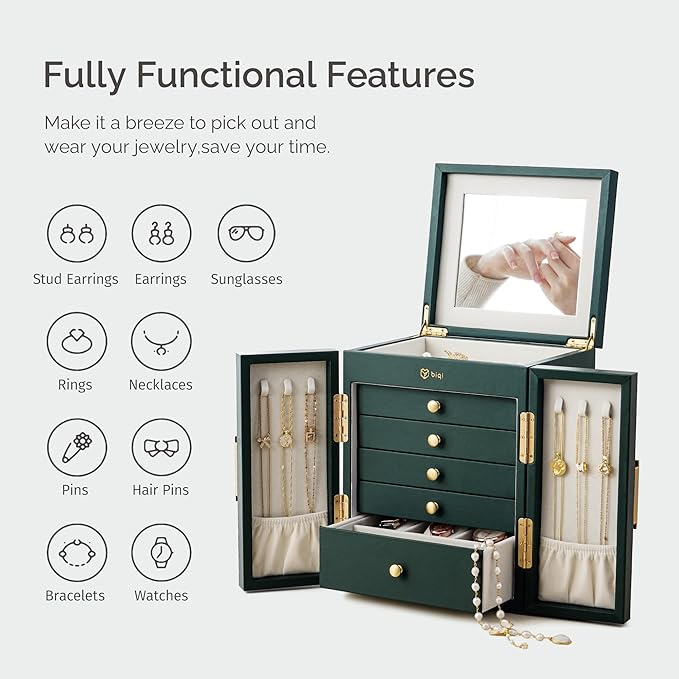Jewelry Box for Women, 6-Tier Large Jewelry Organizer Box with Mirror, 5 Drawers for Rings Earrings Necklace Bracelets, Exquisite Metal Handle, Dark Green