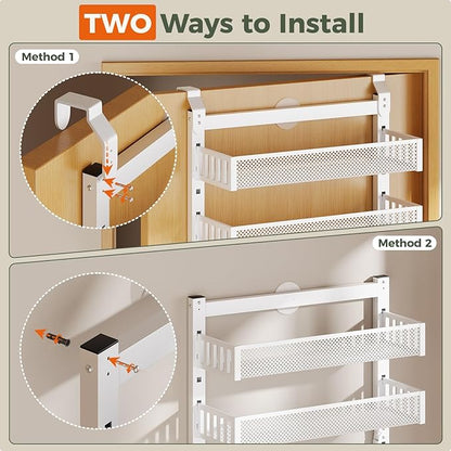 POKIPO 8-Tier Over the Door Pantry Organizer, 2 IN 1 Wall Mount or Hanging Spice Rack with Adjustable Raised Basket, Heavy Duty Back of Door Storage for Kitchen Bathroom Laundry Room