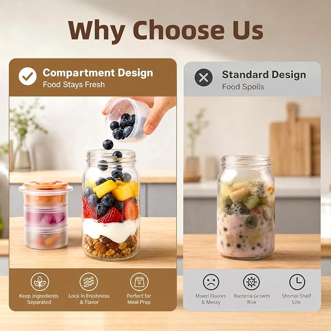 TQRR 32 OZ 4 Pack Overnight Oats Containers with Lids, Glass Storage Jar with Dry and Wet Separation, Leakproof Wide Mouth Mason Jars, Glass Jars with a Handle for Salads,Yogurt (2, Beige & Pink)