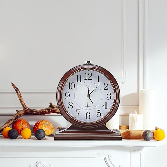 Retro Mantel Décor Desk Clock, 10-inch Vintage Table Clocks for Fireplace, Easy to Read Clocks for Living Room, Bedroom, Office, Desktop Decoration (Bright Brown)