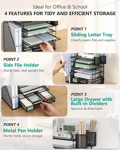 WALI Desk File Organizer, 6 Tier Desktop Paper Letter Tray Organizer with Drawer and 2 Pen Holders, Office Desk Accessories & Workspace Organizers for Office, Home Supplies(DO007DH-B), 1 Pack, Black