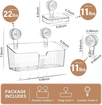 LUXEAR Suction Cup Shower Caddy Clear - Shower Caddy+Soap Dish+Suction Hooks - 1 Second Installation NO-Drilling Removable Powerful Waterproof Shower Organizer for inside Shower Bathroom