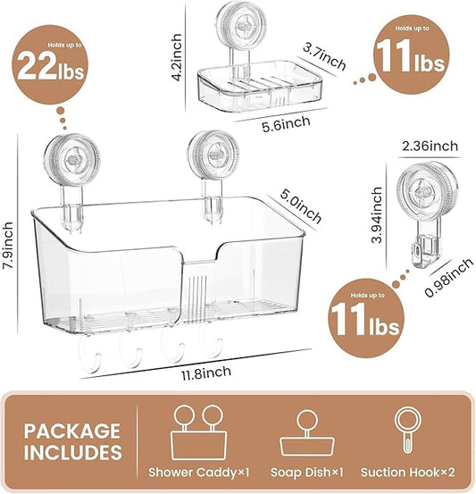 LUXEAR Suction Cup Shower Caddy Clear - Shower Caddy+Soap Dish+Suction Hooks - 1 Second Installation NO-Drilling Removable Powerful Waterproof Shower Organizer for inside Shower Bathroom