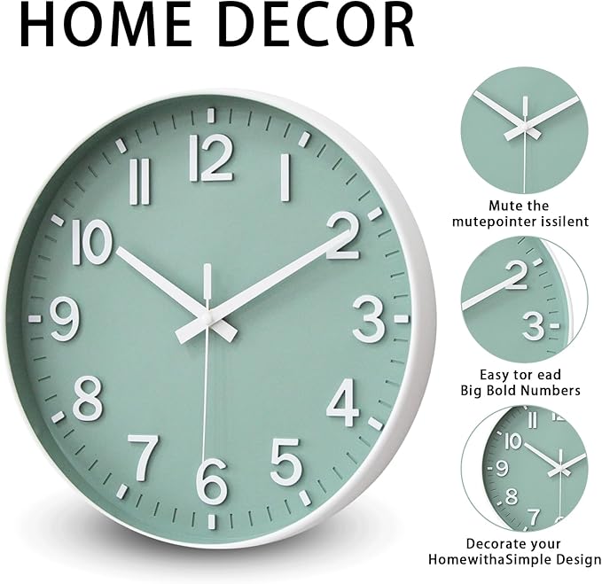 HZDHCLH Wall Clocks Battery Operated,Wall Clock Green,10 inch Wall Clock Silent Non Ticking Modern 3D Numbers for Kitchen Bedroom Living Room Office Classroom Decor