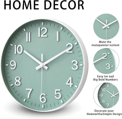 HZDHCLH Wall Clocks Battery Operated,Wall Clock Green,10 inch Wall Clock Silent Non Ticking Modern 3D Numbers for Kitchen Bedroom Living Room Office Classroom Decor