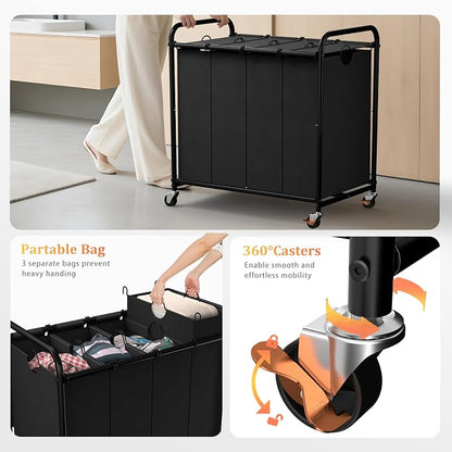 Laundry Sorter 4 Sections 48 Gal, Rolling Laundry Basket with Lockable Wheels and Lid, Laundry Hamper with 4 Separated Removable Bags Dirty Clothes Hamper for Laundry Room Organizer, Black