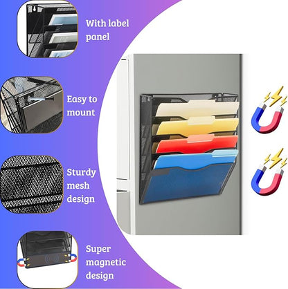 Magnetic 5 Pocket Wall File Organizer, Mesh Hanging Wall Mounted Document Paper Filing Magazine Rack with Nametag Label for Office Home School, 5 Tier Black