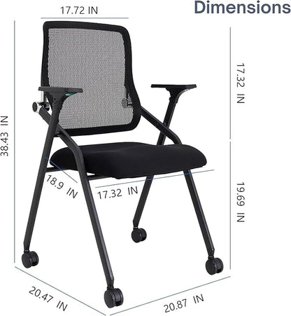 Updated Conference Room Chairs, Folding Office Desk Chair with Lumbar Support and Sliding Armrest with Casters, Stackable Office Guest Chairs & Reception Chairs, 2 Pack Black