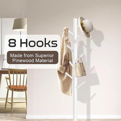 Wooden Coat Rack Stand, Freestanding Coat Rack with 8 Hooks, 3 Adjustable Size Coat Tree for Hats, Coats, Scarves bags, Coat Hanger Stand Used in Bedroom/Office/Entryway, 2 PCS (White)