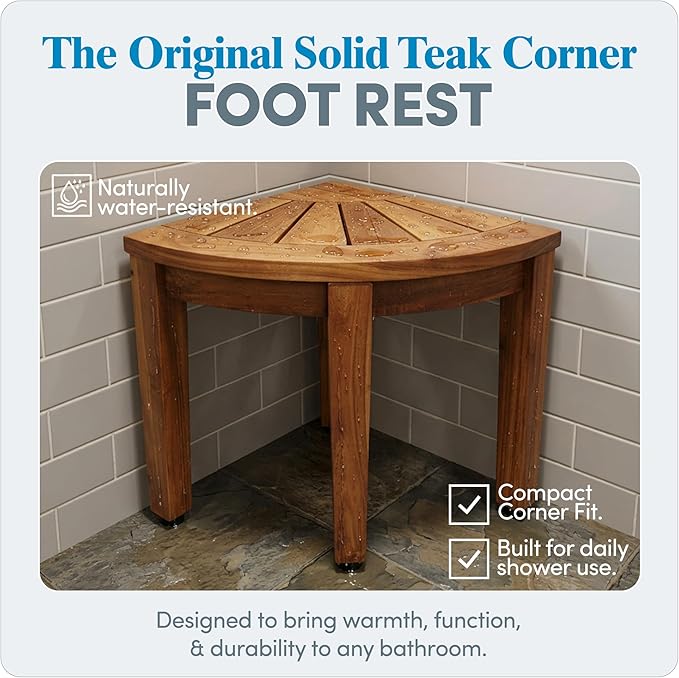 AquaTeak 12" Kai OptiAREA Teak Foot Rest - Corner Shower Stool for Shaving Legs - Durable, Water-Resistant Foot Stool with Anti-Slip Feet & Space-Saving Design - Indoor & Outdoor Use