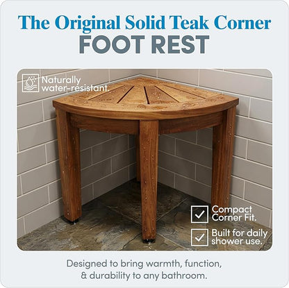 AquaTeak 12" Kai OptiAREA Teak Foot Rest - Corner Shower Stool for Shaving Legs - Durable, Water-Resistant Foot Stool with Anti-Slip Feet & Space-Saving Design - Indoor & Outdoor Use