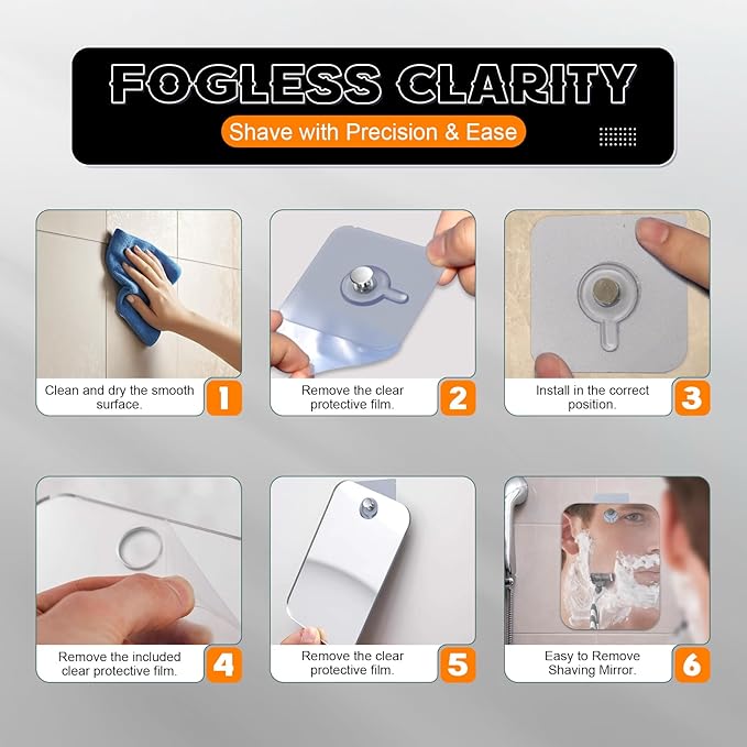 Fogless Shower Mirror for Shaving - Anti-Fog Acrylic Mirror with Adhesive Hook, No Drill Shatterproof Bathroom and Travel Mirror, 8x6 Inch Rectangle
