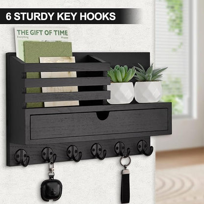 Key Holder Wall Mount, Mail Holder with Storage Drawer and 6 Key Hooks for Coat, Dog Leash, Home Decor Rack, House Accessories, Entry Way Organizer