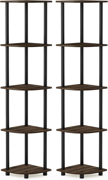 Furinno TURN-N-TUBE Corner Shelf Set of 2, 5-Tier Corner Bookshelf, Open Storage Shelves, for Organization and Storage, Living Room, Home Office, Garage, Columbia Walnut