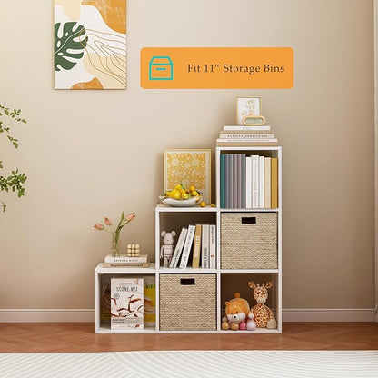 Ladder Cube Storage Bookcase - Wooden L-Shaped 3-Tier Corner Shelf, Reversible 6-Cube Organizer for Home & Office, White