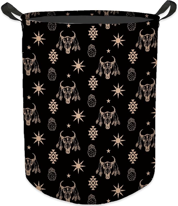 HKTZM Western Aztec Bull Skull Laundry Basket, Toybox for Boys Girls Room, Western Laundry Basket Hamper Waterproof Collapsible Clothes Toys Storage Bin Organizer for Bedroom Bathroom Kids Room Dorm