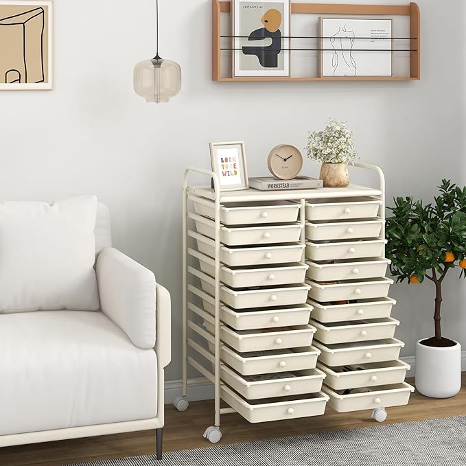 Giantex 20 Drawers Rolling Cart, Mobile Storage Drawer Cart, Classroom Organizer for Office School Supplies Tools Scrapbook Paper Craft Small Printer, Utility Stand on Wheels, Ivory White