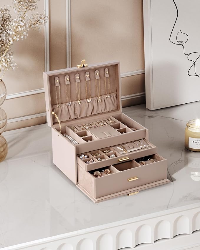 3-Tier Jewelry Box, Jewelry Organizer Box with 2 Drawers, Large Storage Capacity for Necklace Bracelets Earrings Rings, Lockable, Christmas Gift for Women, Light Taupe