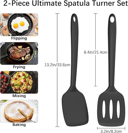 Coukre 2 Pack Silicone Spatula Set, High Heat Resistant, BPA Free Kitchen Spatula, Solid & Slotted Turner for Non-Stick Pans, Sautéing, and Flipping (2, PureBlack)