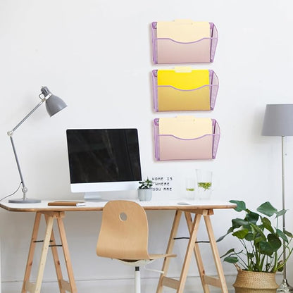 EASEPRES 3 Single Pocket Mesh Hanging File Organizer, Vertical Wall Mounted Magazine File Holder, Mount Basket Mail Paper Document Folder Organizing for Office, Home and School, Light Purple