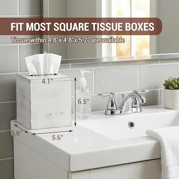 MyGift Vintage White Wood Tissue Box Cover Holder with Easy Refill Slide Out Bottom, Decorative Square Bathroom Facial Tissue Holder