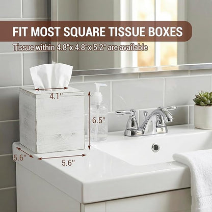 MyGift Vintage White Wood Tissue Box Cover Holder with Easy Refill Slide Out Bottom, Decorative Square Bathroom Facial Tissue Holder