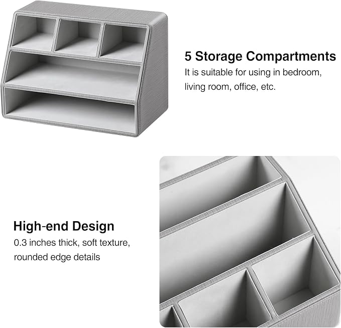 PU Leather Desk Organizer, Luxury Remote Control Holder for Home, Office Desk Accessories Table Caddy Bedside Nightstand Organizer (Grey)