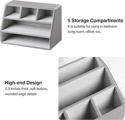 PU Leather Desk Organizer, Luxury Remote Control Holder for Home, Office Desk Accessories Table Caddy Bedside Nightstand Organizer (Grey)