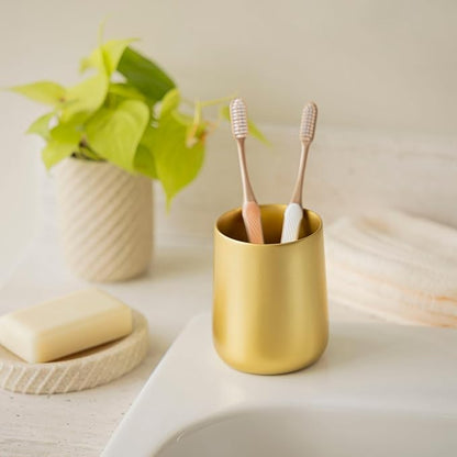 Yew Design Gold Toothbrush and Toothpaste Holder and Cup for Bathroom Vanity and Countertop, Round Organizer for Electric Toothbrushes, Floss, Razors, Cotton, and Mouthwash