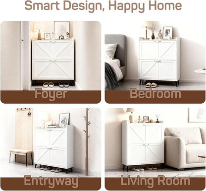 Shoe Storage Cabinet for Entryway with 2 Flip Drawers, Metal Slim Narrow Shoe Cabinet, Freestanding Hidden Shoe Organizer for Foyer, Hallway, Entryway - White