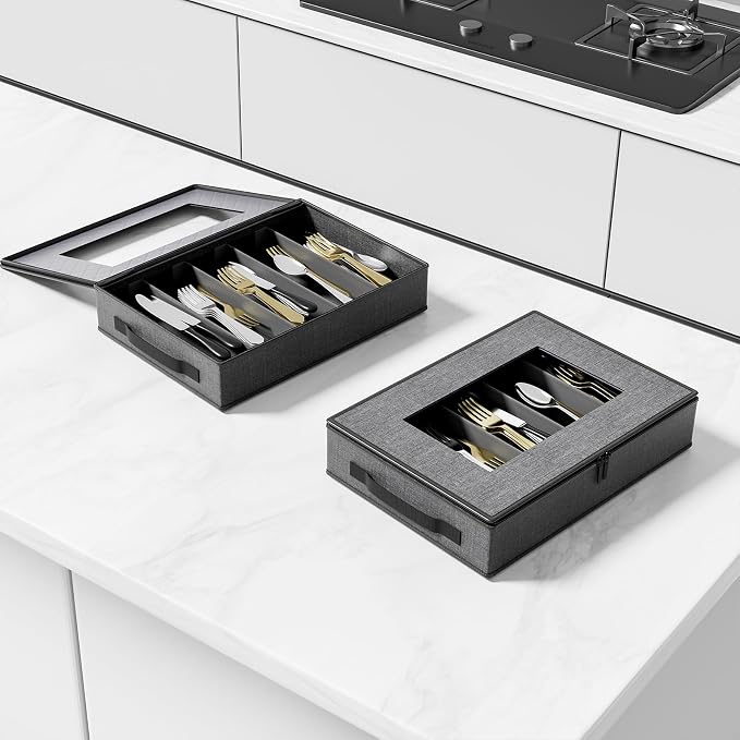 Aokeyee 2-Pack Silverware Storage Box, Sturdy Flatware Organizer with 5 Compartments & Adjustable Dividers, Upgrade Utensil Case with Clear Lid & Handle for Knives, Forks & Spoons, Gray