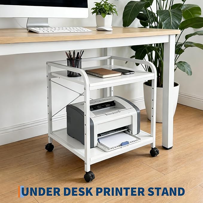 Garvee Under Desk Printer Stand, 2 Tier Printer Stand with Height Adjustable Storage Shelf, 20" Deep Large Rolling Printer Cart with Wheels for Home Office, White