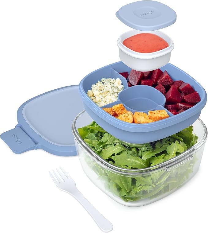 Bentgo Glass Salad Container - 7.6-Cup Salad Bowl with Airtight Lid, Leak-Proof Sauce Container, 4-Compartment Bento Tray & Reusable Fork - BPA-Free for Meal Prep, Office & More (Light Blue)