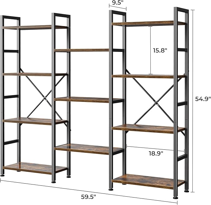 SUPERJARE Triple Bookshelf, Bookcase with 11 Open Display Shelves, Wide Book Shelf Book Case for Home & Office, 4 Tier, Rustic Brown