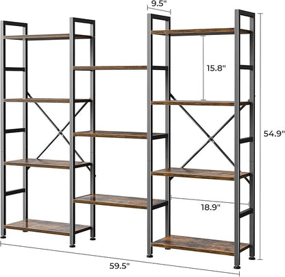 SUPERJARE Triple Bookshelf, Bookcase with 11 Open Display Shelves, Wide Book Shelf Book Case for Home & Office, 4 Tier, Rustic Brown