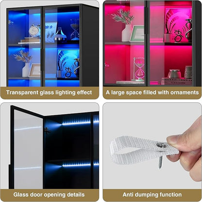 Black Display Cabinet,78 Inch High Bookshelf, Multi-Color LED Ambient Lighting, 6-Story Large Storage Space, Transparent Tempered Glass Door, Suitable for Bedrooms, Living Rooms, Offices