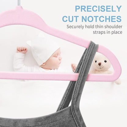 Pink Velvet Kids Hangers 50 Pack - 11" Ultra Thin Non-Slip Clothes Hangers for Baby/Toddler/Daycare | 360° Rotating Hooks, Space-Saving Nursery Organization