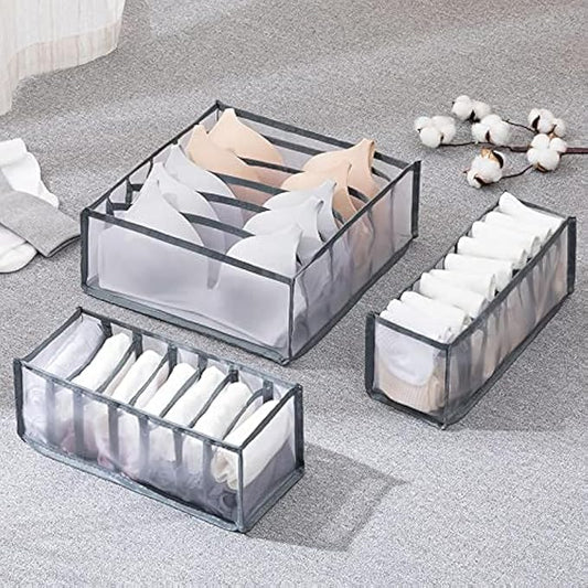 TOPARCHERY 3 Set Underwear Organizer, Foldable Bra Underwear Drawer Organizer Divider Bins for Underwear, Socks, Ties, Bras, Underwear Storage Compartment Box (Gray)