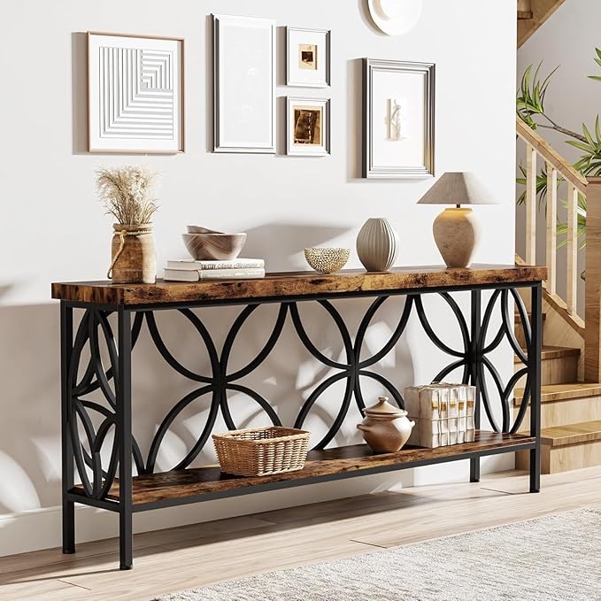 LITTLE TREE Sofa Table, 70.9 Inch Industrial Behind Couch Table with Storage Shelves, Narrow Long Console Table for Entryway, Living Room, Foyer, Hallway, Office