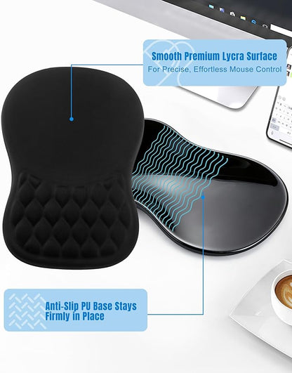 Ergonomic Mouse Pad with Wrist Rest, Slope Design Memory Foam Support, Smooth Lycra Surface, Non-Slip PU Base, Comfortable Mouse Mat for Office, Home, Computer Desk (Black)