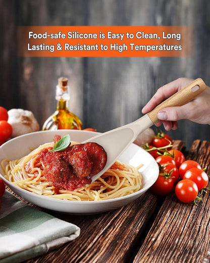 Cooking Spoon for Nonstick Cookwares, Great for Cooking and Serving Sturdy BPA-Free Matte Silicone, Wood Handle Spoon for Mixing, Scoop, and Scrape (KHAKI, 11.4 inch)