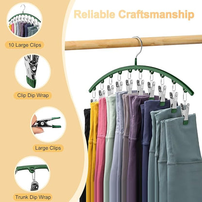 Legging Organizer for Closet, Metal Yoga Pants Hangers 1 Pack w/10 Clips Holds 10 Leggings, Space Saving Hanging w/Rubber Coated Closet Organizers and Storage, Green