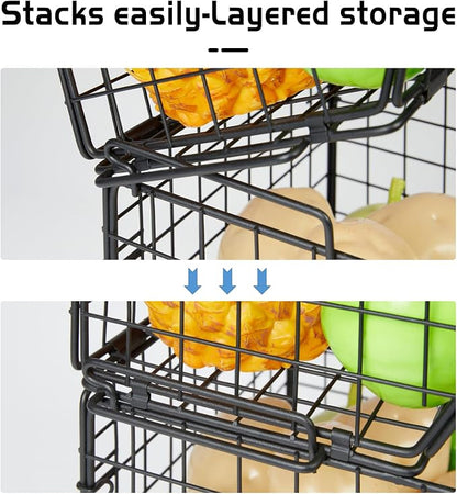 2-Tier Stackable Wire Baskets for Counter, Potato and Onion Storage Bin, Fruit and Vegetable Storage Bins with Ventilated Mesh，Kitchen Pantry Organizer - Wall Basket for Produce/Snack/Can, Black