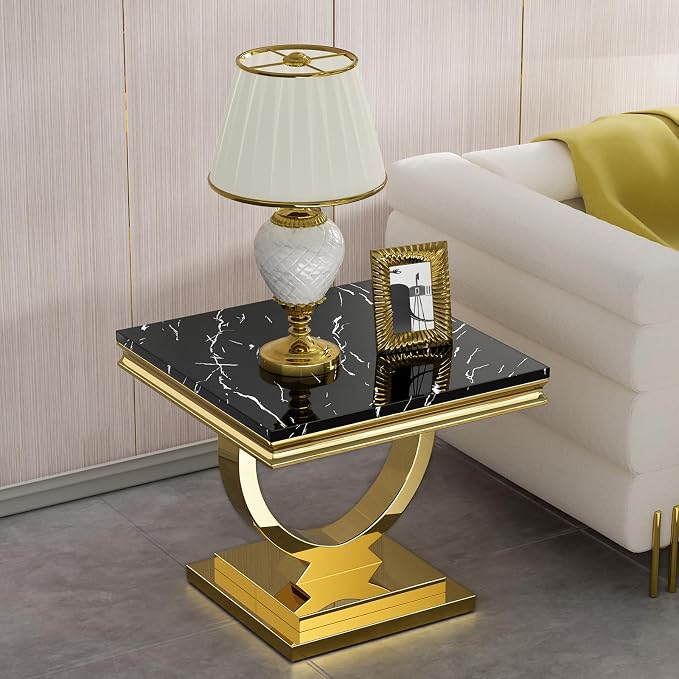 3 Piece Living Room Table Set Include 1 Faux Marble Coffee Table & 2 End Tables, Modern Black Gold Coffee Table Set of 3 with Double O Shape Stainless Steel Pedestal Base