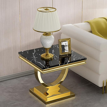 3 Piece Living Room Table Set Include 1 Faux Marble Coffee Table & 2 End Tables, Modern Black Gold Coffee Table Set of 3 with Double O Shape Stainless Steel Pedestal Base