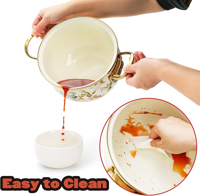 SOUJOY 2.8 Quart Enamel Stockpot with Glass Lid, Vintage Floral Soup Pot, Non-Stick Bean Stew Simmer Pot with Handle for Kitchen, Induction & Gas Stove Safe, Mother's Day, Wedding, Christmas Gift