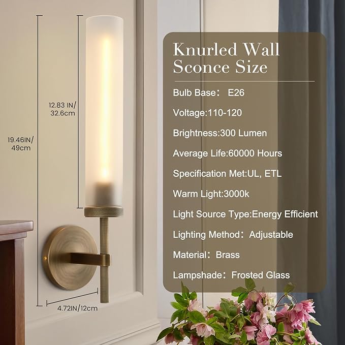 Modern Hardwired Frosted Glass Bathroom Wall Sconces, Handmade Knurled Brass Wall Light Fixture,Modern Vanity Light for Living Room,Hallway, Bedroom, 20" Indoor Wall Lamp, Bulb Included