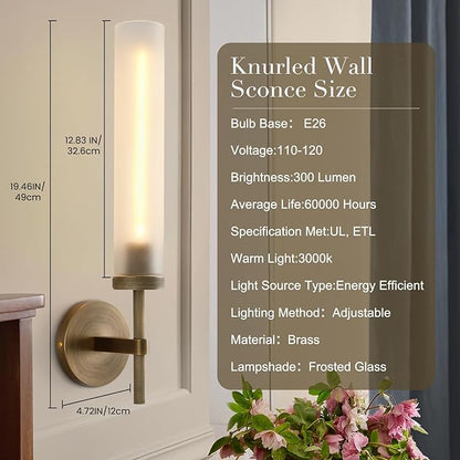 Modern Hardwired Frosted Glass Bathroom Wall Sconces, Handmade Knurled Brass Wall Light Fixture,Modern Vanity Light for Living Room,Hallway, Bedroom, 20" Indoor Wall Lamp, Bulb Included