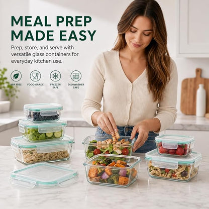 Peaktet 8 Pack Glass Food Storage Containers with Lids, Airtight Meal Prep Containers Set, Leakproof Glass Lunch Containers, BPA-Free Locking Lids, Oven Microwave Freezer Dishwasher Safe